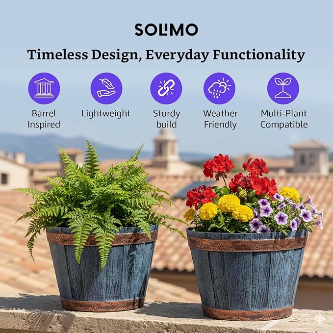 Rustic Blue Barrel Planters, Set of 2 – 10 Inch Round Indoor/Outdoor Flower Pots for Home, Office, Balcony & Terrace Decor