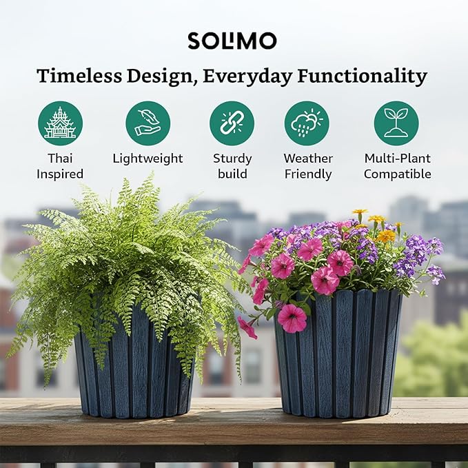 Fluted Round Planter Pot – 10 Inch Indoor & Outdoor Flower Pot for Terrace, Balcony, Home & Office Decor (Set of 2, Charcoal Grey)