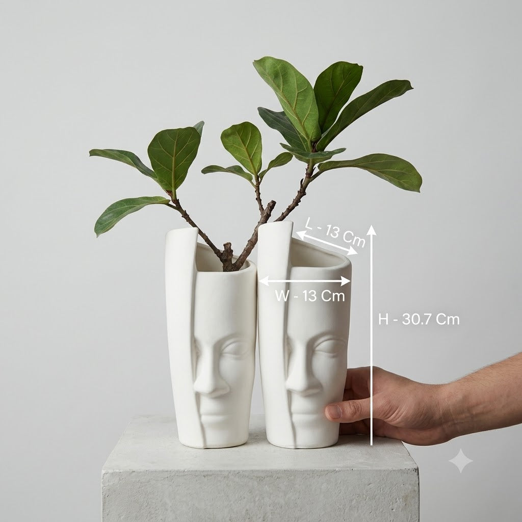 Modern Face Art Planter Vase – White Matte Finish | Set of 2