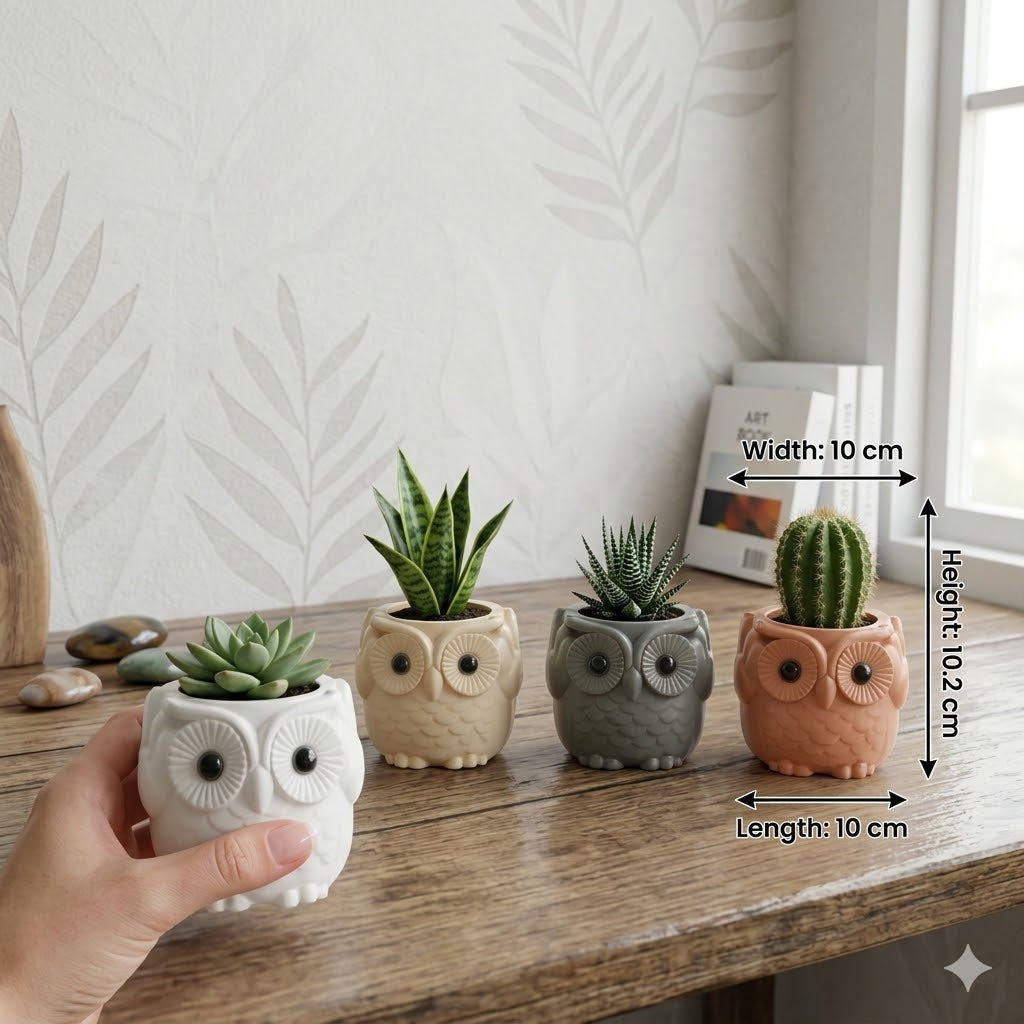 Adorable Owl Design Ceramic Flower Pots – Set of 4 Multi-Color Planters