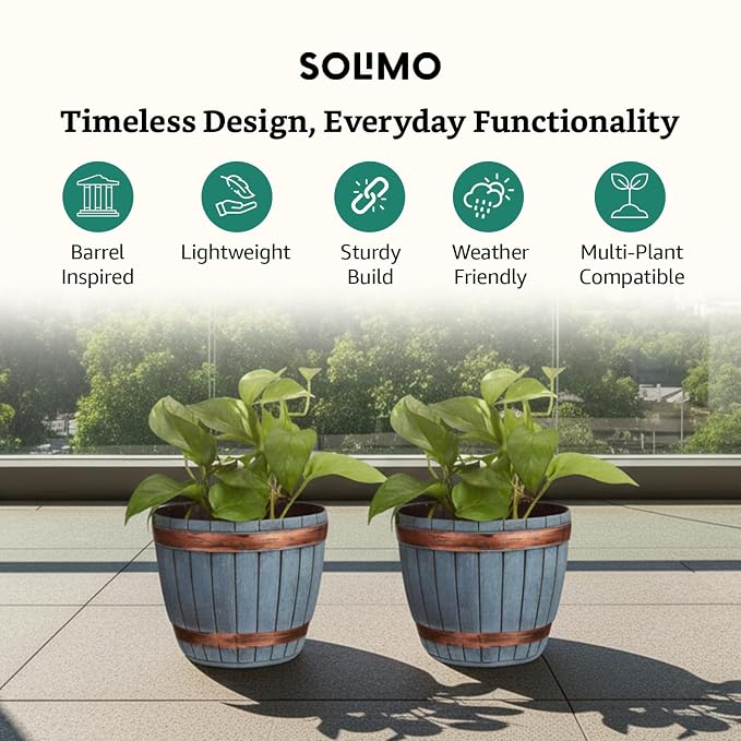 Whiskey Barrel Style Planter Pot Set of 2 – 8 Inch Round Indoor Outdoor Flower Pots with Wood-Look Rim Accents for Terrace, Balcony, Home & Office Decor