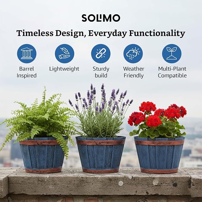 Rustic Barrel Planter Pots, Set of 3 – Round 8 Inch Weathered Wood-Style Flower Pots for Indoor & Outdoor Use, Home, Balcony, Terrace & Office Decor
