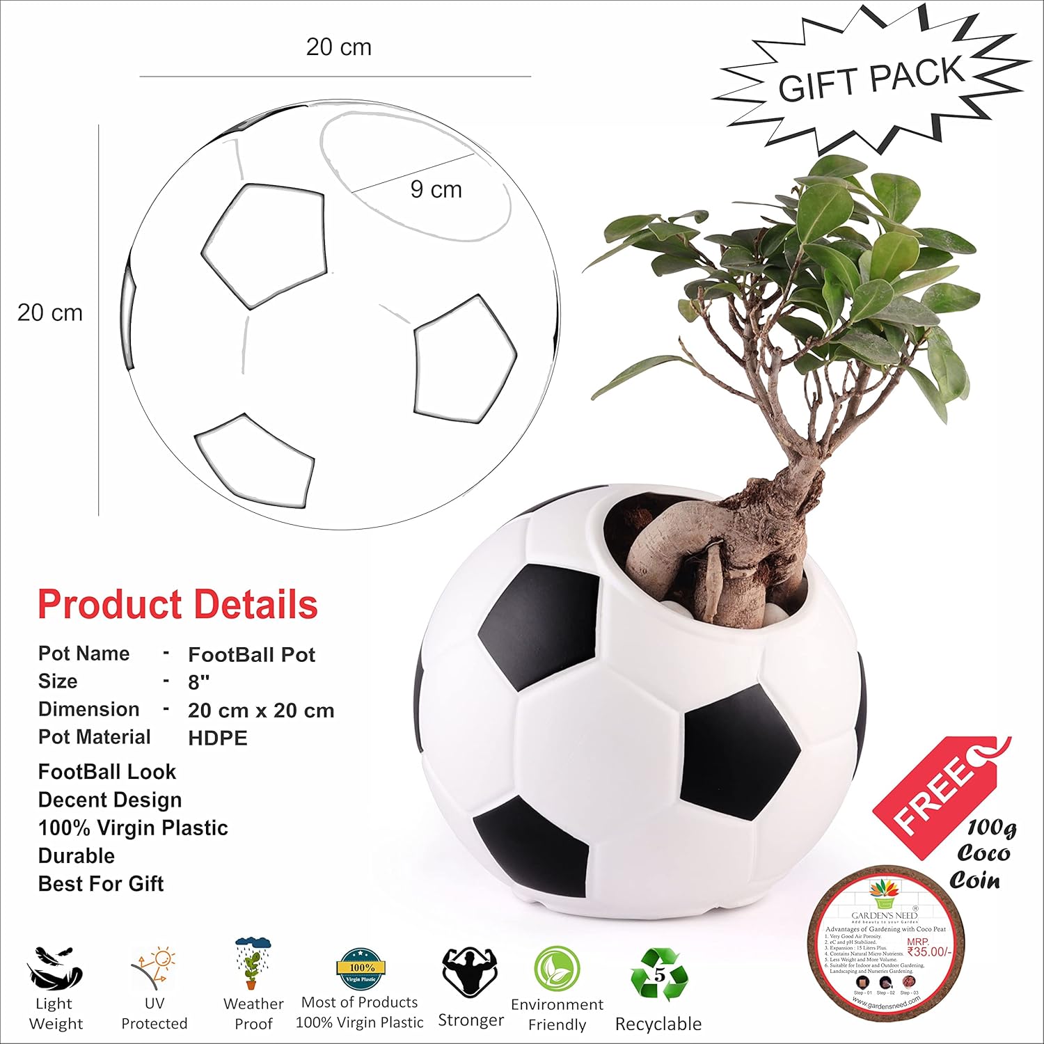 7.8 Inch Football Round Planter  UV Resistant, Lightweight White Pot (Indoor/Outdoor)
