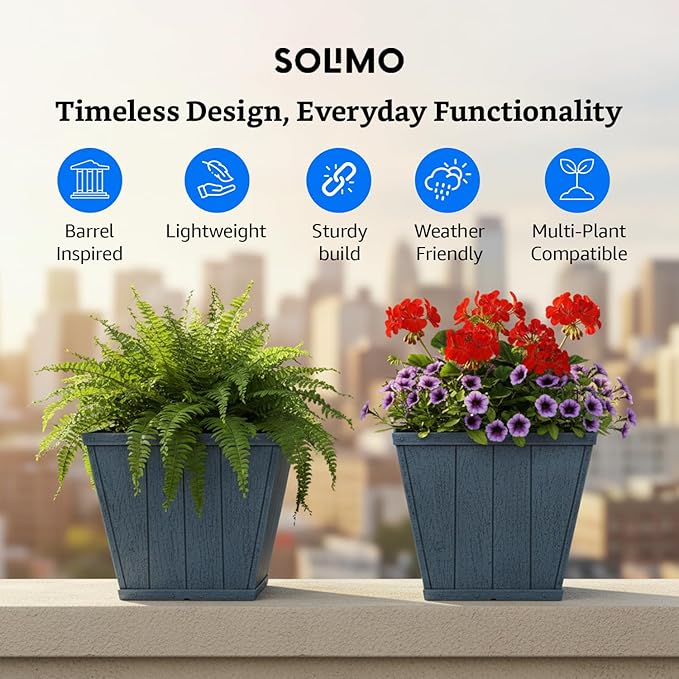 Square 10 Inch Barrel Flower Planter Pot, Weathered Wood-Finish Design /Home/Office Decor – Set of 2