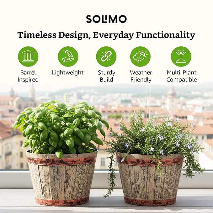 Wooden Barrel Design Flower Planter Pot – 12 Inch Round Indoor/Outdoor Set of 2 – Rustic Whiskey Barrel Style Plant Pots for Home, Balcony, Terrace & Office Decor