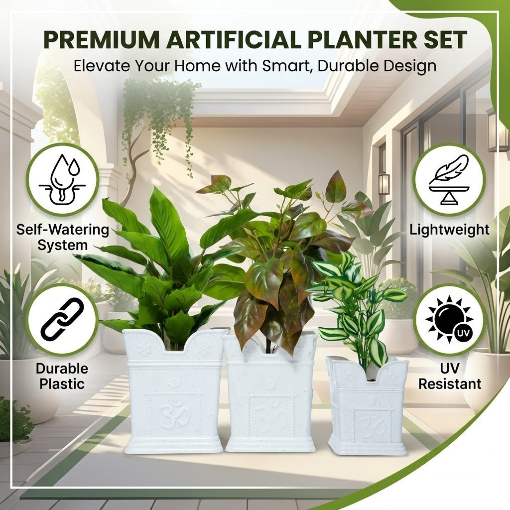 Modern White Marble Tulsi Planter Set – 3 Elegant Pots