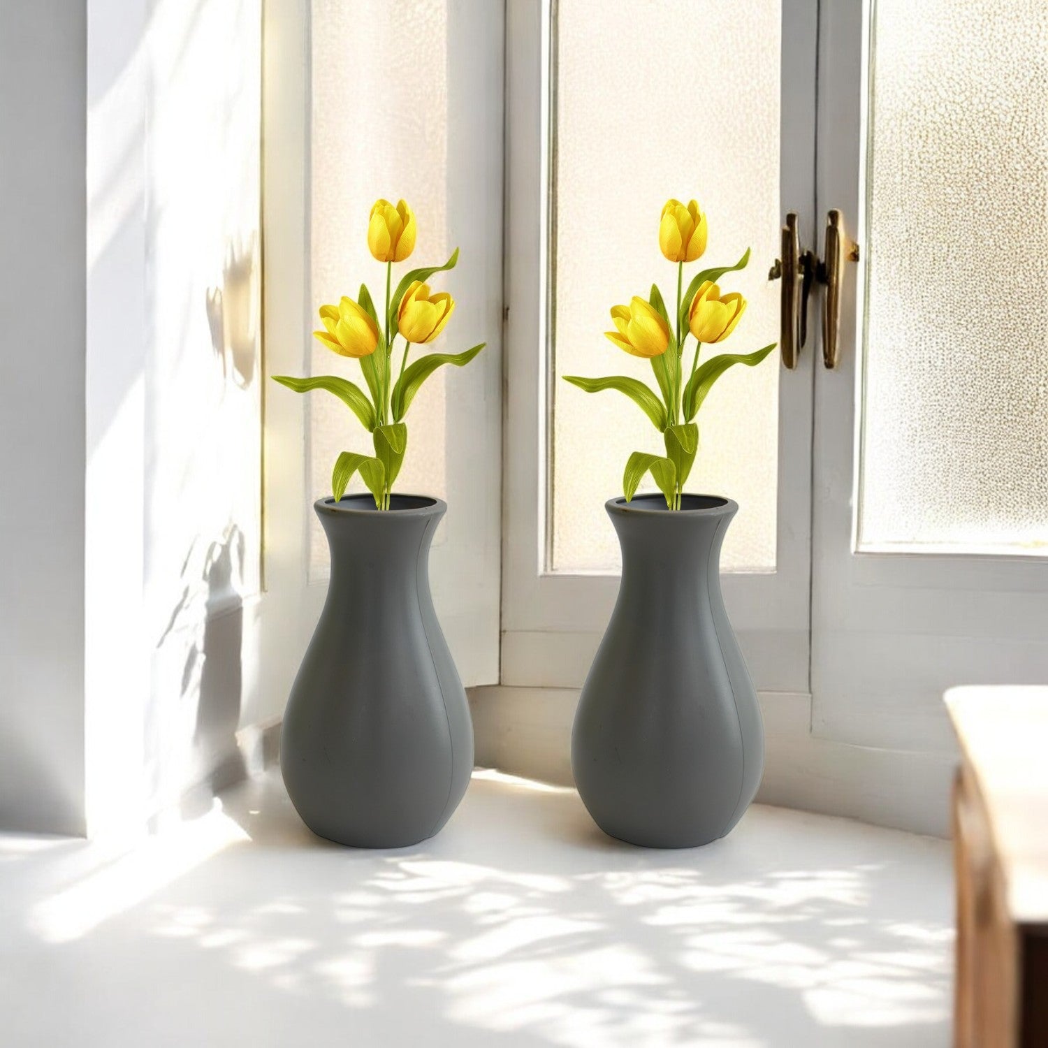 6 Inch Round Grey Lucky Plastic Flower Vases  Indoor Decor (Set of 2)
