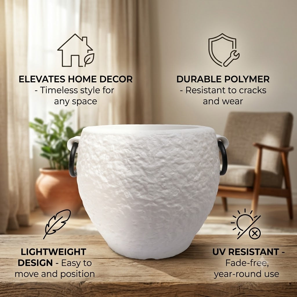 Rock Texture Large Planter Pot 15" — White Matte with Black Ring Handles