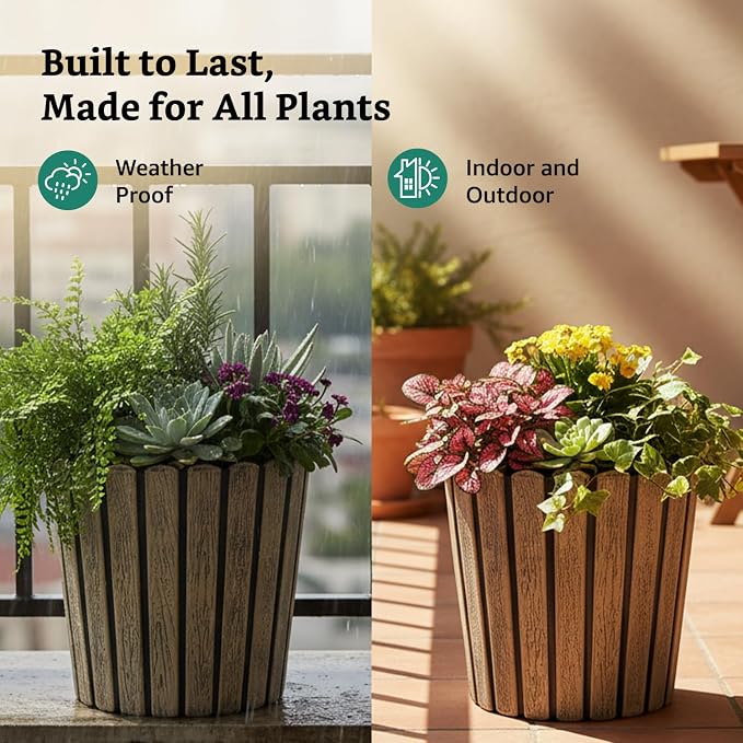 Ribbed Wood-Style Planter Pot Set of 2 – 12 Inch Round Indoor Outdoor Flower Pots for Home, Balcony, Terrace & Office Decor
