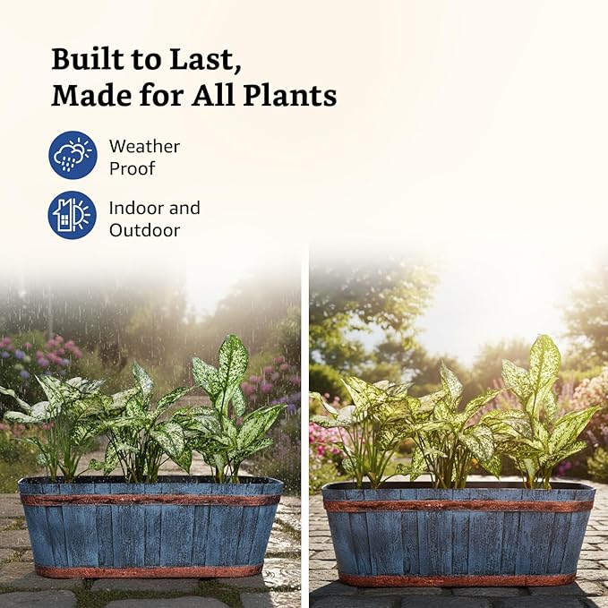 Rectangular Wood Barrel Planter Pots – 21 Inch Indoor/Outdoor Balcony, Home & Office – Set of 2