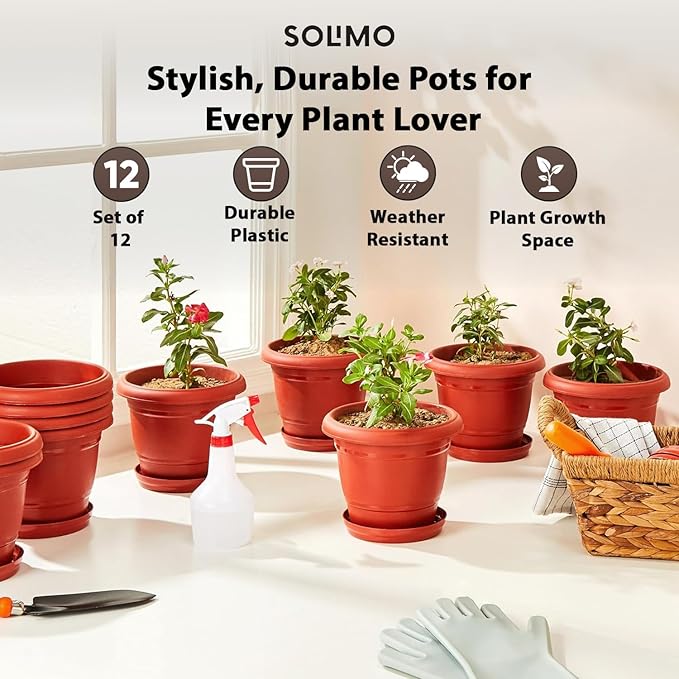 Round Plastic Plant Pots with Bottom Tray, Set of 12 – 8 Inch Lightweight Terracotta-Style Flower Pots