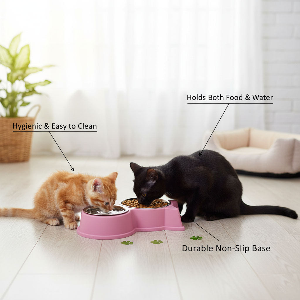 Cat & Dog Ear Double Bowl Pet Feeder – Stainless Steel Bowls, Non-Slip Base – 11.5 Inch