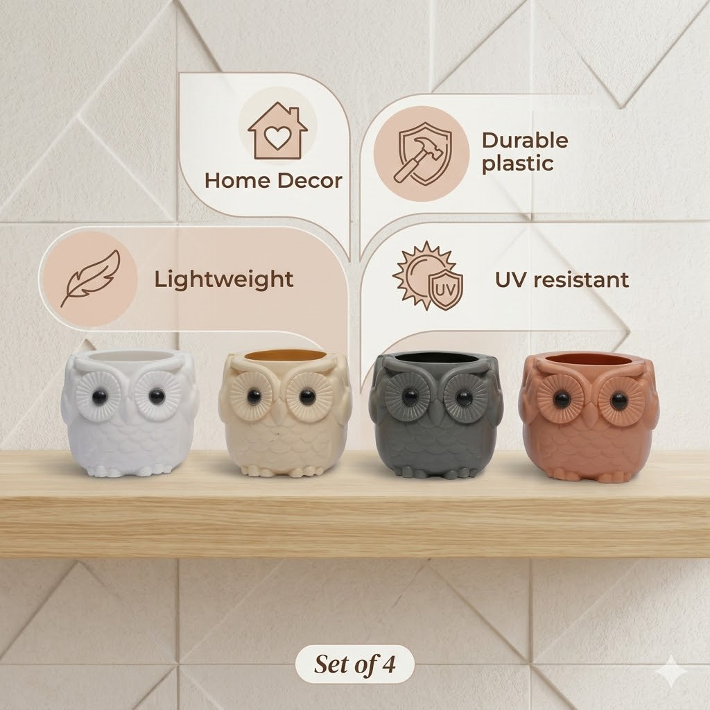 Adorable Owl Design Ceramic Flower Pots – Set of 4 Multi-Color Planters
