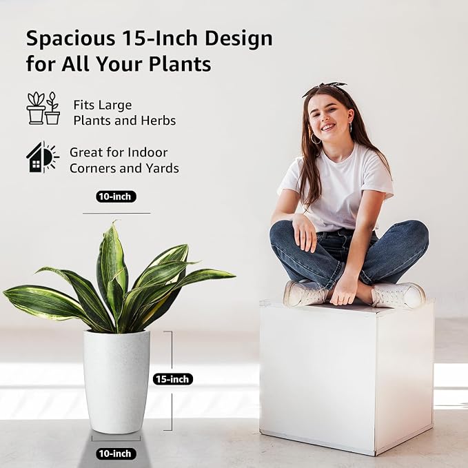 Round Tapered Planter Pots, 15.3 Inch Height, Speckled White Stone Finish – Indoor & Outdoor Décor, Set of 2
