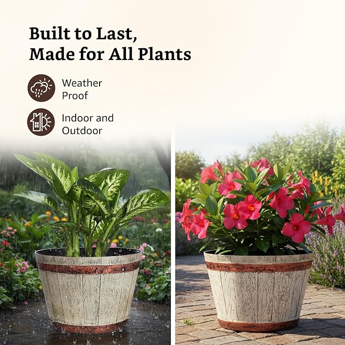 Whiskey Barrel Style Planters Set of 2 - 18" & 14" Round Flower Pots Rustic Farmhouse & Home Decor