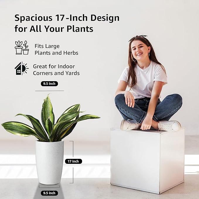 Indoor and Outdoor Round Flower Planter Pot – 17.5 Inch/43.5 cm Tall – Speckled White Terrazzo Finish – Durable Weather-Resistant Planter for Terrace, Home, Office & Balcony Décor – Set of 1