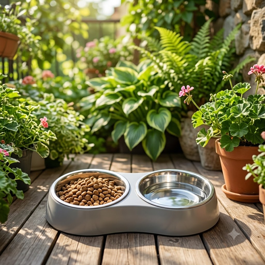 Stainless Steel Double Dog & Cat Bowl Set - 9.5 inch (24 cm), Anti-Skid Grey Stand