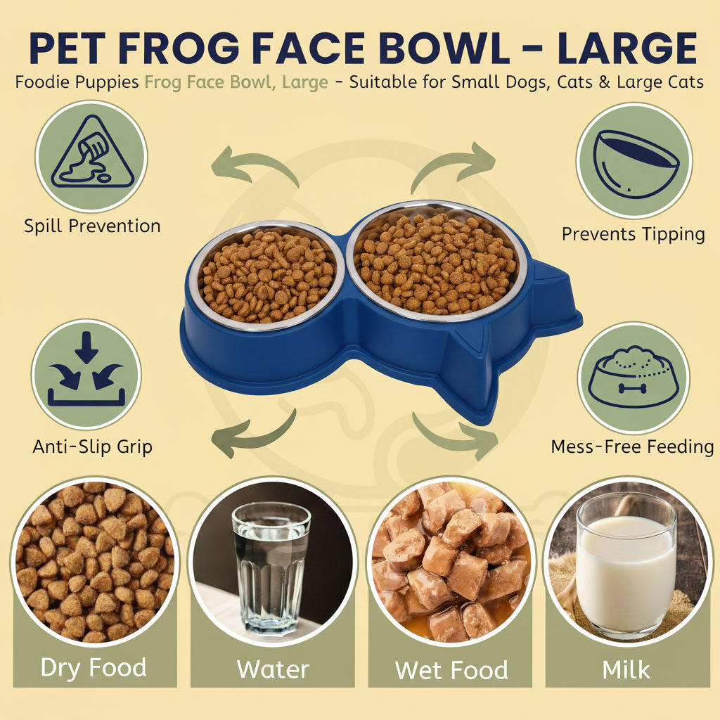 Cat & Dog Ear Double Bowl Pet Feeder – Stainless Steel Bowls, Non-Slip Base – 11.5 Inch