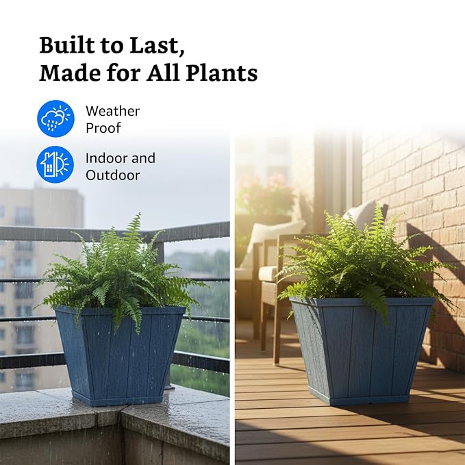 Square 10 Inch Barrel Flower Planter Pot, Weathered Wood-Finish Design /Home/Office Decor – Set of 2