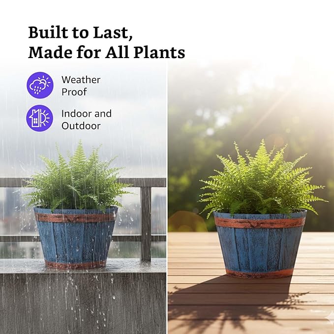 Rustic Blue Barrel Planters, Set of 2 – 10 Inch Round Indoor/Outdoor Flower Pots for Home, Office, Balcony & Terrace Decor