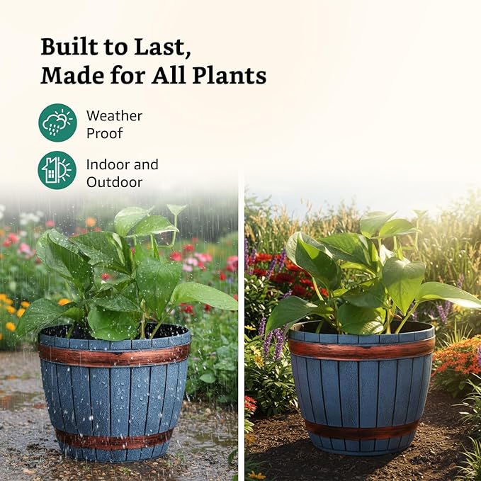 Whiskey Barrel Style Planter Pot Set of 2 – 8 Inch Round Indoor Outdoor Flower Pots with Wood-Look Rim Accents for Terrace, Balcony, Home & Office Decor
