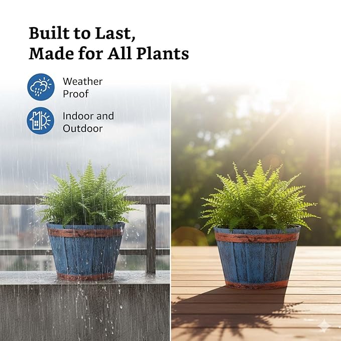 Rustic Barrel Planter Pots, Set of 3 – Round 8 Inch Weathered Wood-Style Flower Pots for Indoor & Outdoor Use, Home, Balcony, Terrace & Office Decor