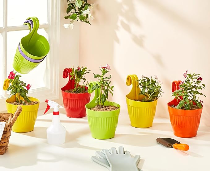Virgin Plastic Hanging Planter Pots for Home, Terrace & Balcony Garden Decoration – Hook Style Flower Pots, Multicolour, 6.8 Inch (Set of 8)