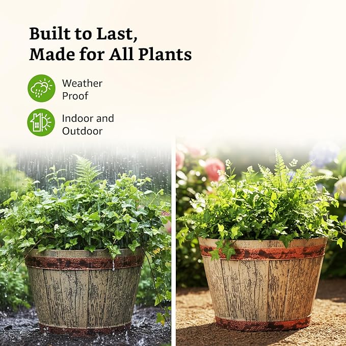 Wooden Barrel Design Flower Planter Pot – 12 Inch Round Indoor/Outdoor Set of 2 – Rustic Whiskey Barrel Style Plant Pots for Home, Balcony, Terrace & Office Decor