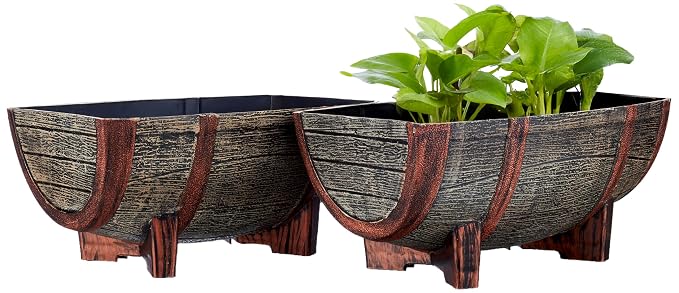 Rectangular 16 Inch Half Barrel Flower Planter Pot, Balcony, Home Decor - Set of 2
