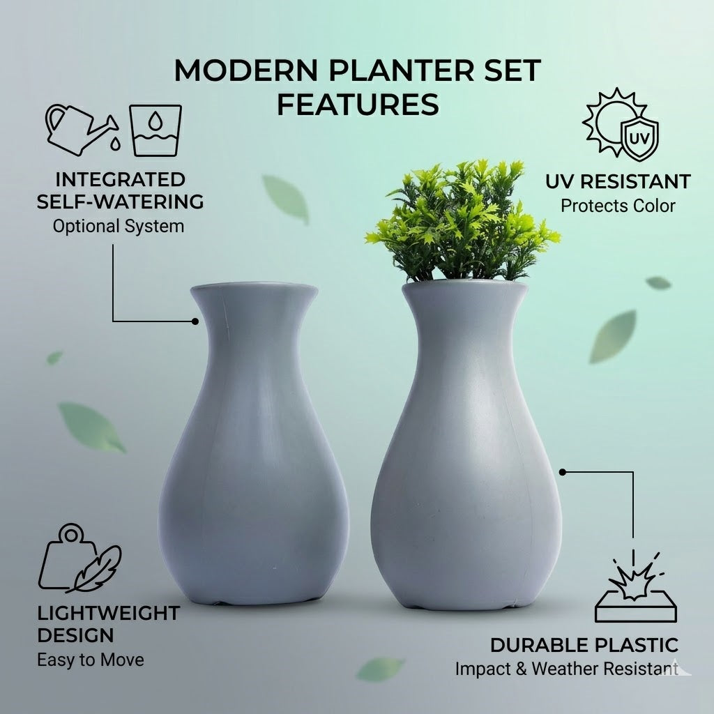 6 Inch Round Grey Lucky Plastic Flower Vases  Indoor Decor (Set of 2)