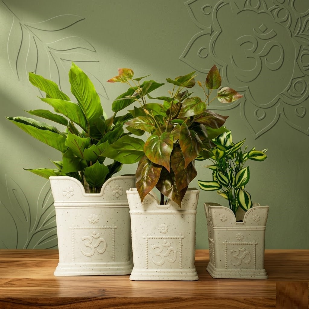 Modern White Marble Tulsi Planter Set – 3 Elegant Pots