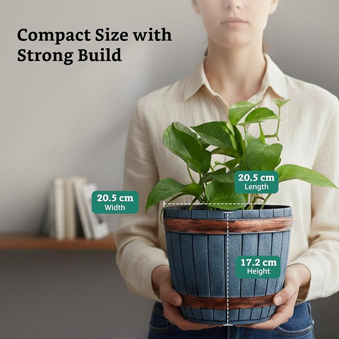 Whiskey Barrel Style Planter Pot Set of 2 – 8 Inch Round Indoor Outdoor Flower Pots with Wood-Look Rim Accents for Terrace, Balcony, Home & Office Decor