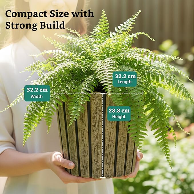Ribbed Wood-Style Planter Pot Set of 2 – 12 Inch Round Indoor Outdoor Flower Pots for Home, Balcony, Terrace & Office Decor
