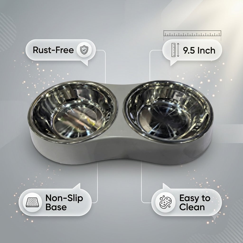 Stainless Steel Double Dog & Cat Bowl Set - 9.5 inch (24 cm), Anti-Skid Grey Stand