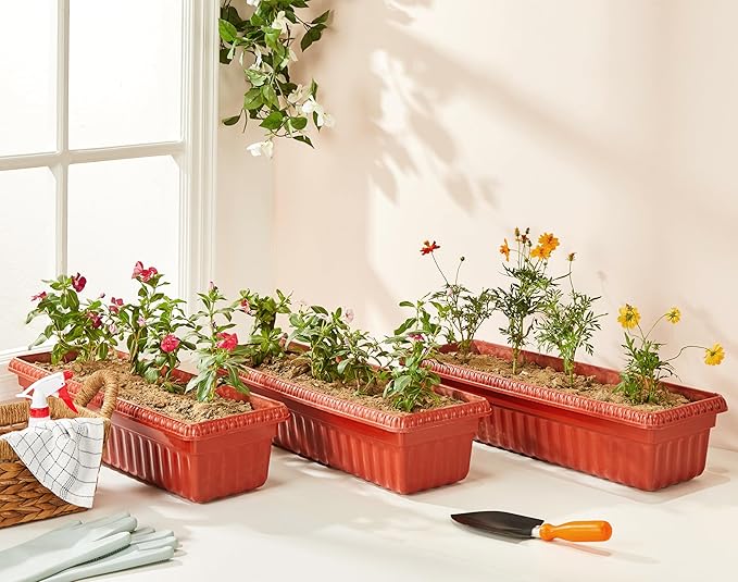 Rectangle Plastic Planter Pots for Plants – 25 Inch Trough Pots (Set of 3) | 100% Virgin Plastic Flower Pots for Home, Office, Balcony & Garden Decor