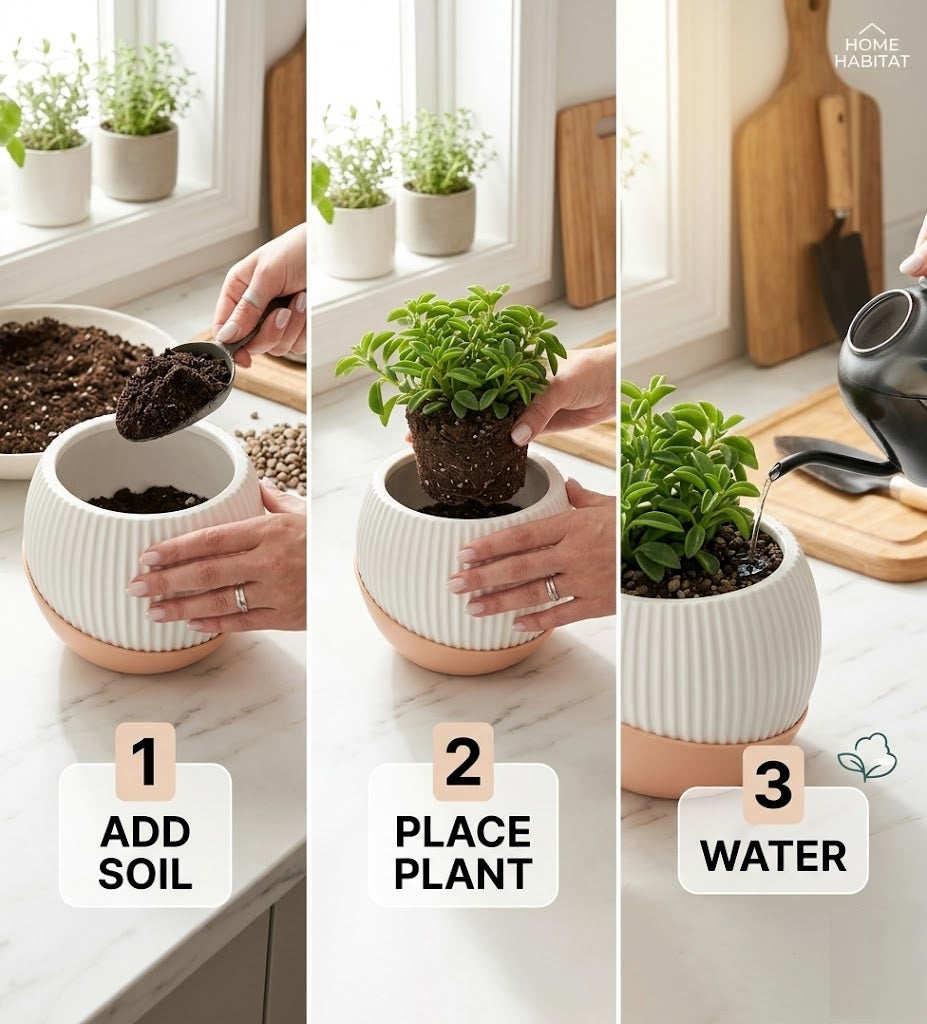 7" Melon Ceramic Planter with Moon Tray (Peach, Set of 2)