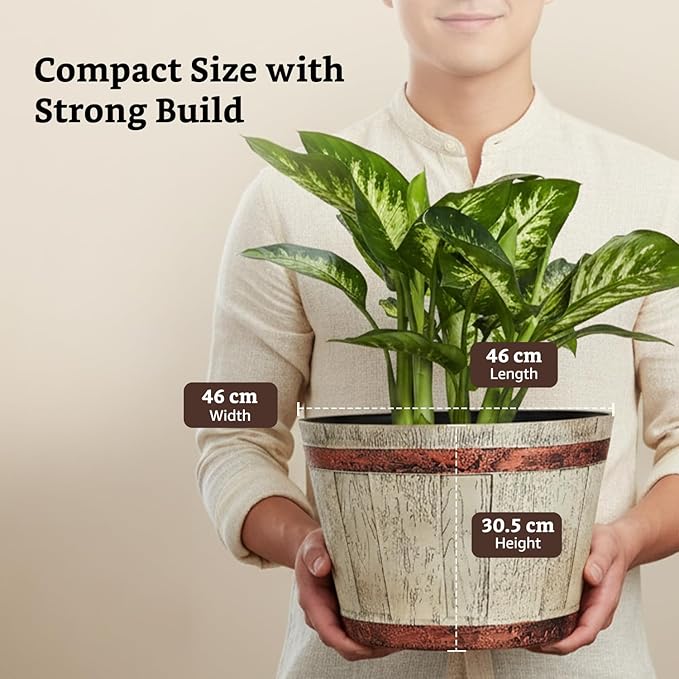 Whiskey Barrel Style Planters Set of 2 - 18" & 14" Round Flower Pots Rustic Farmhouse & Home Decor