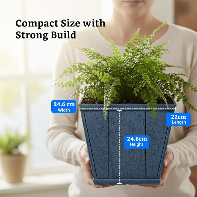 Square 10 Inch Barrel Flower Planter Pot, Weathered Wood-Finish Design /Home/Office Decor – Set of 2