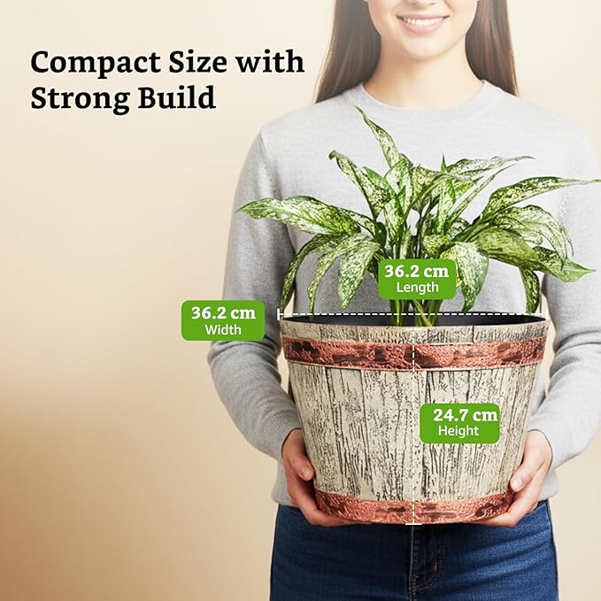 Wooden Barrel Design Flower Planter Pot – 12 Inch Round Indoor/Outdoor Set of 2 – Rustic Whiskey Barrel Style Plant Pots for Home, Balcony, Terrace & Office Decor