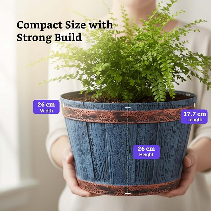 Rustic Blue Barrel Planters, Set of 2 – 10 Inch Round Indoor/Outdoor Flower Pots for Home, Office, Balcony & Terrace Decor