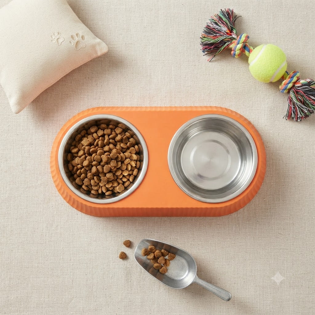 Stainless Steel Double Dog & Cat Bowl Set with Non-Slip Base – 12.5 Inch