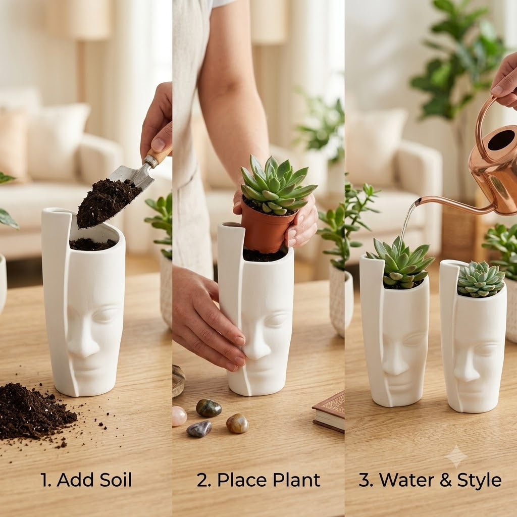 Modern Face Art Planter Vase – White Matte Finish | Set of 2