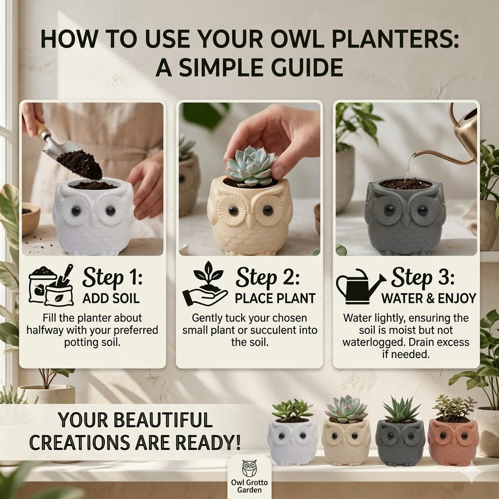 Adorable Owl Design Ceramic Flower Pots – Set of 4 Multi-Color Planters