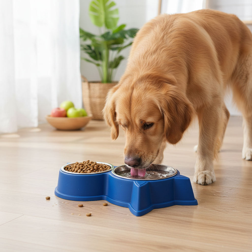 Cat & Dog Ear Double Bowl Pet Feeder – Stainless Steel Bowls, Non-Slip Base – 11.5 Inch