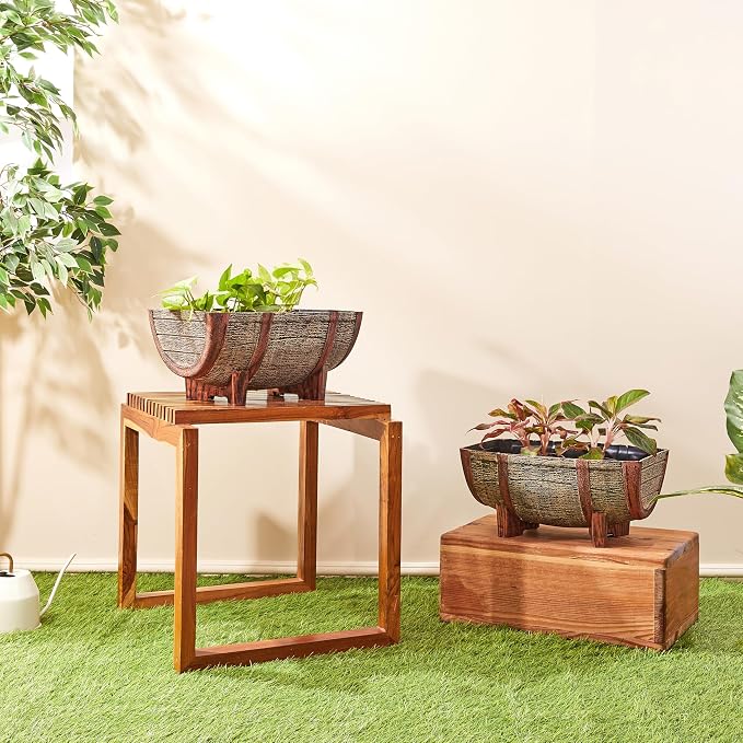 Rectangular 16 Inch Half Barrel Flower Planter Pot, Balcony, Home Decor - Set of 2