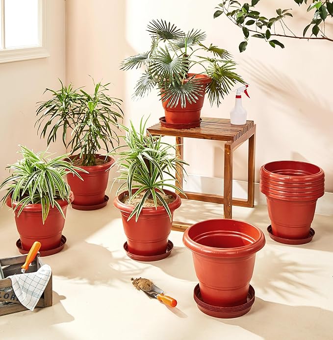 Round Plastic Pots for Plants with Bottom Tray | Indoor & Outdoor Flower Pots for Home, Office, Table, Garden, Balcony Decoration | 12 Inch, Set of 10 | Brown