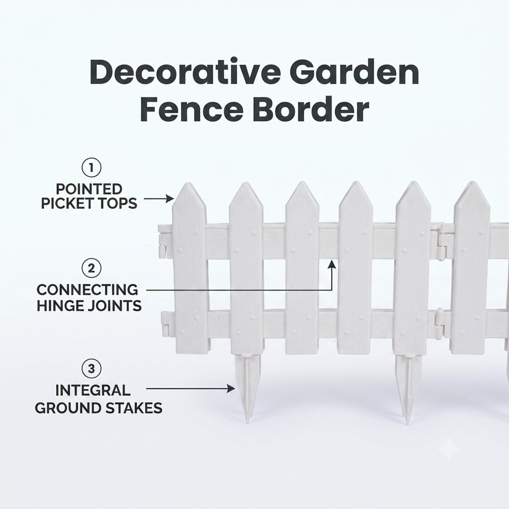 Decorative Picket Border Edging with Ground Stakes Flexible Interlocking Design for Lawn, Flower Beds & Landscaping