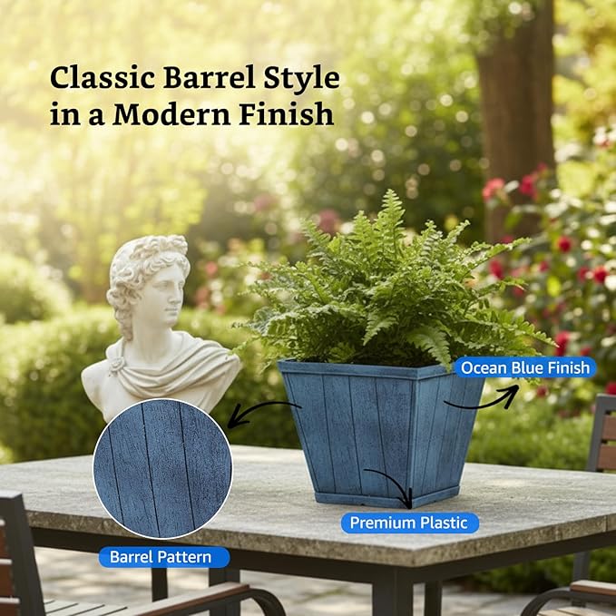 Square 10 Inch Barrel Flower Planter Pot, Weathered Wood-Finish Design /Home/Office Decor – Set of 2