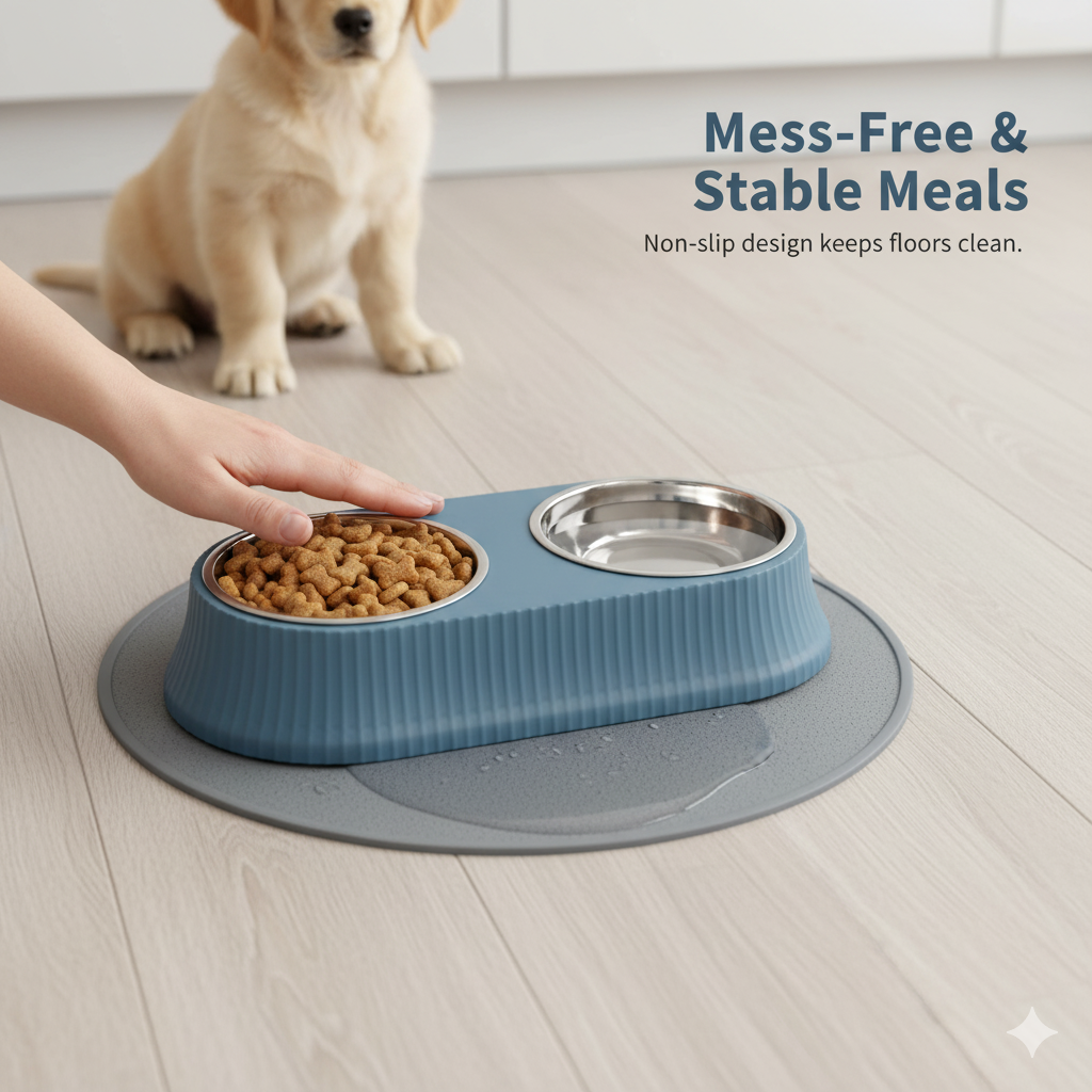 Stainless Steel Double Dog & Cat Bowl Set with Non-Slip Base – 12.5 Inch