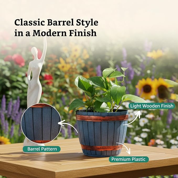 Whiskey Barrel Style Planter Pot Set of 2 – 8 Inch Round Indoor Outdoor Flower Pots with Wood-Look Rim Accents for Terrace, Balcony, Home & Office Decor